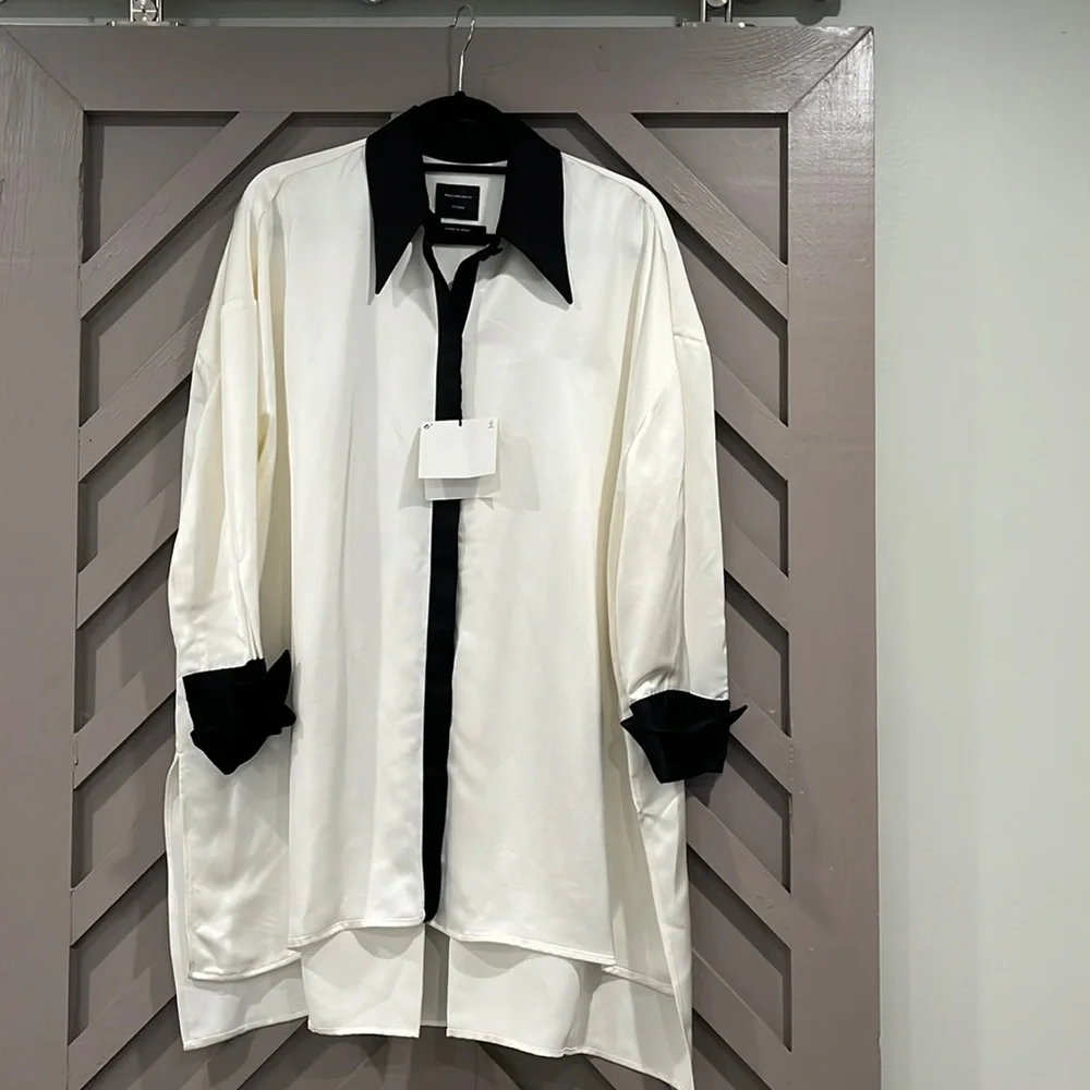 Massimo Dutti Studio tuxedo style silky oversized button up dress cream/black M - Picture 1 of 14